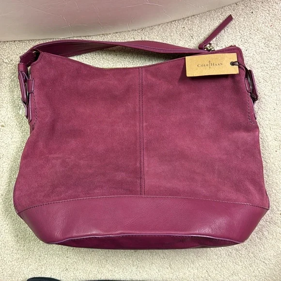 NEW!! Women’s Cole Haan Bucket Hobo Leyden II Winery Suede Bag - Picture 2 of 3